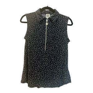 Anne Klein Navy and White Polka Dot Sleeveless Blouse w/Logo Zipper SZ S